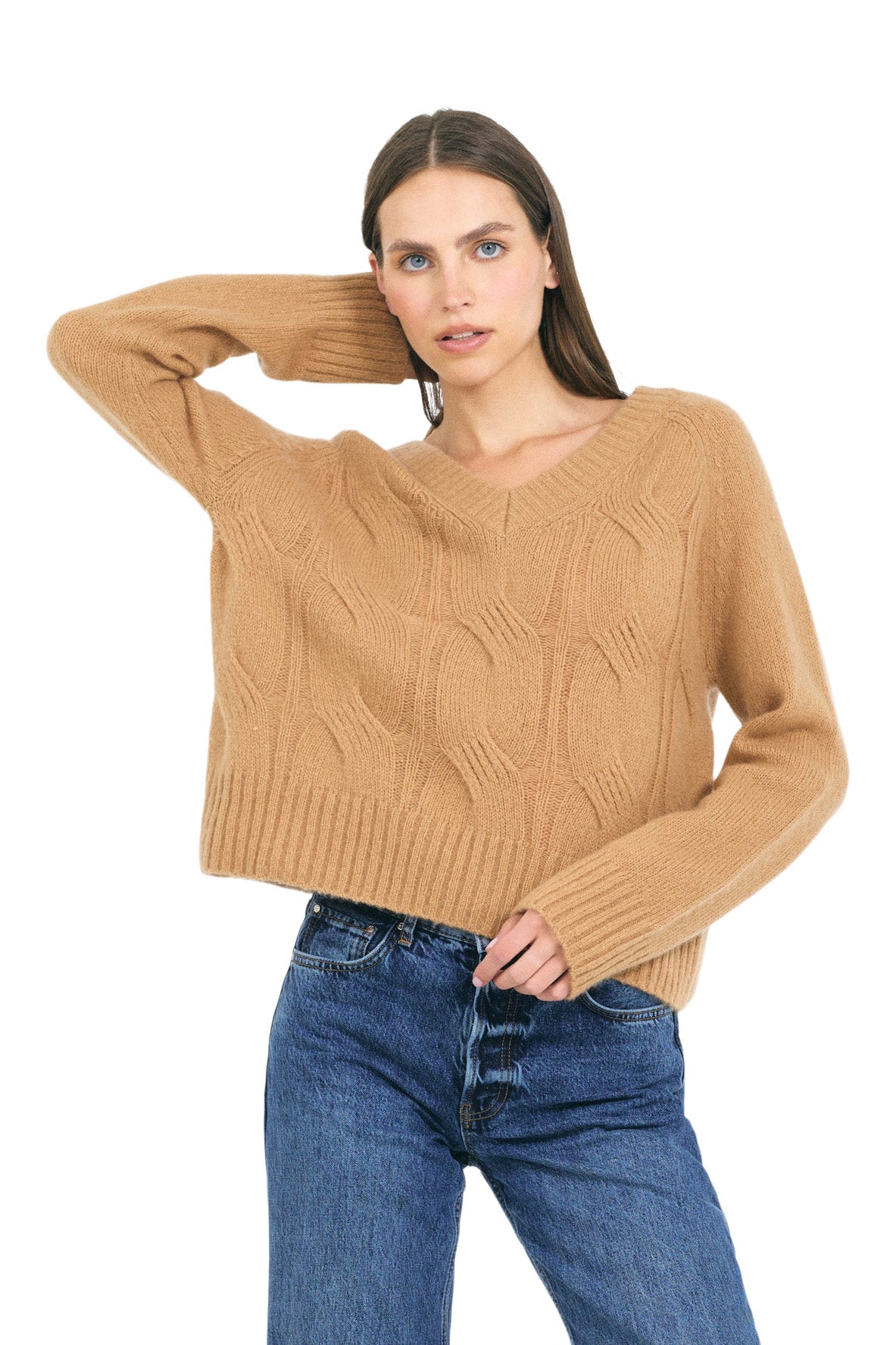 One Grey Day Mabel Cable V-neck Pullover in Chestnut