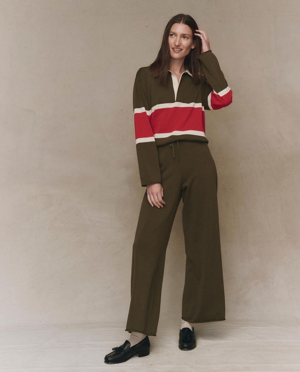 The Great Rugby Sweater in Army with Hot Red Stripe